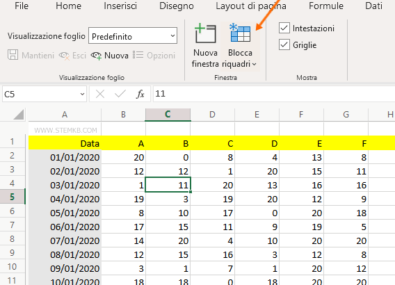clicca su Blocca riquadri