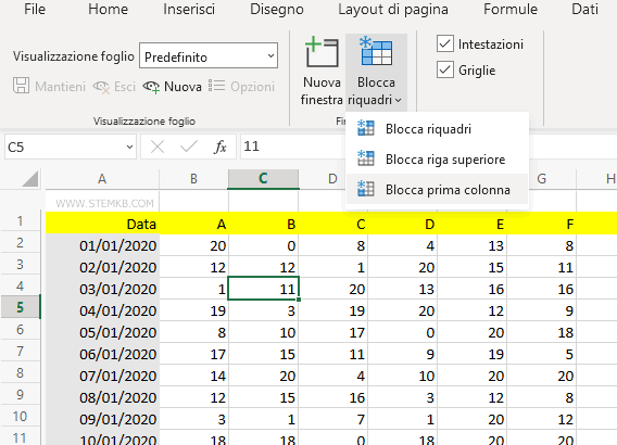 Clicca su Blocca prima colonna