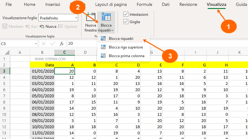 seleziona BLOCCA RIQUADRI
