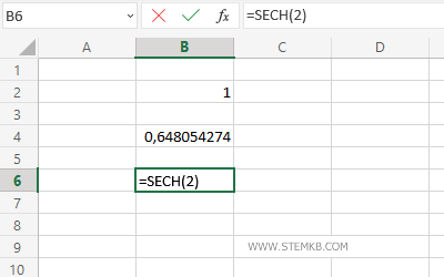 digita =SECH(2) nella cella B6