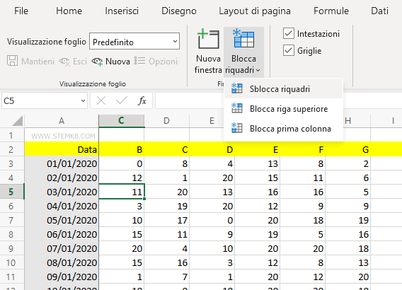 clicca su Sblocca riquadri