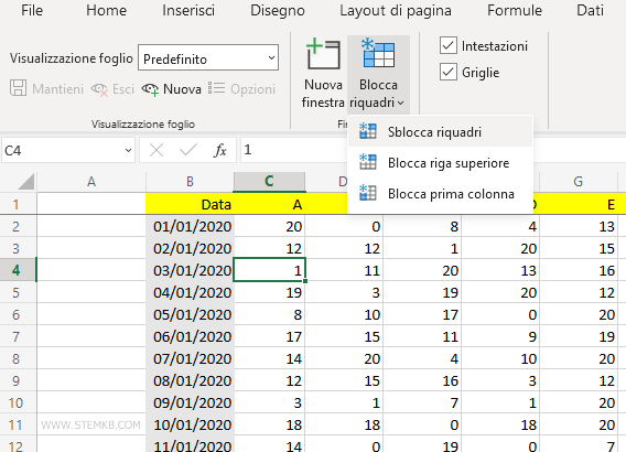 clicca su Sblocca riquadri
