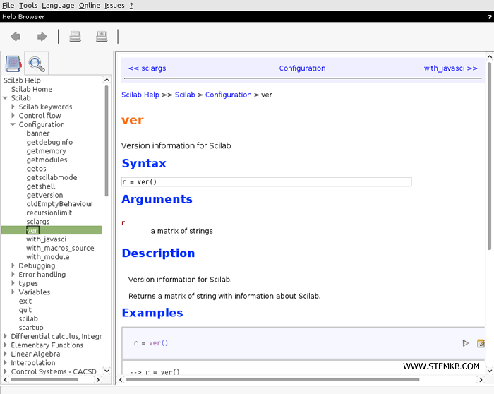 la documentazione dei comandi su Scilab