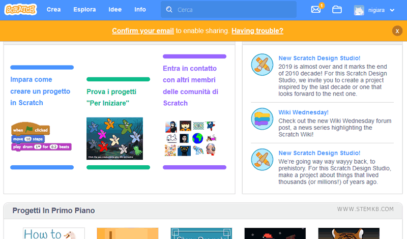 l'area di lavoro su Scratch online